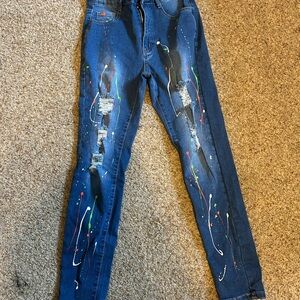 Blue Distressed Jeans with Paint Splatter